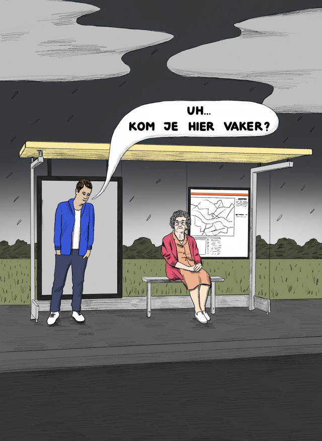 Tekening van jonge man bij bushalte die tegen oudere vrouw zegt: 'Uh... kom je hier vaker?'