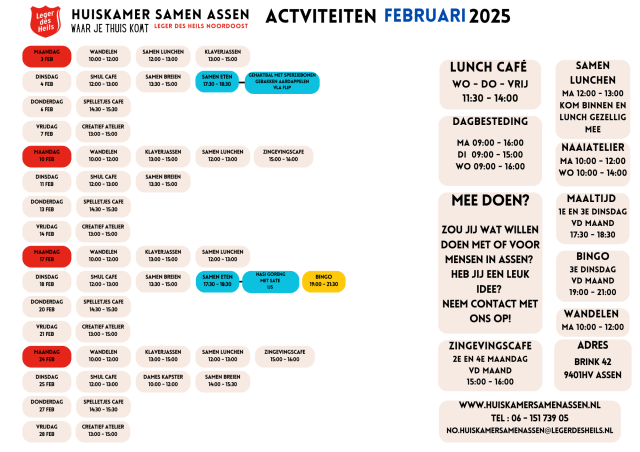 Activiteiten Huiskamer Samen Assen Februari 2025